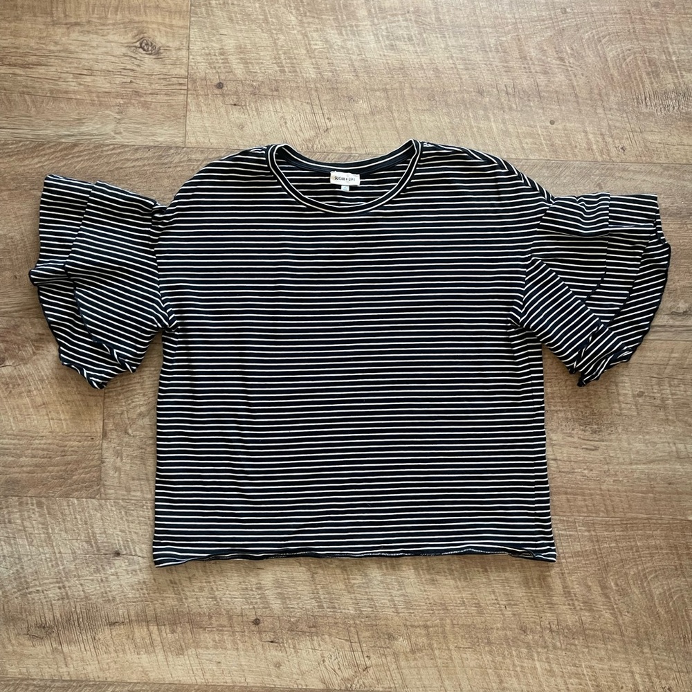Sugar + Lips Black Ruffled Puff Sleeve Tee